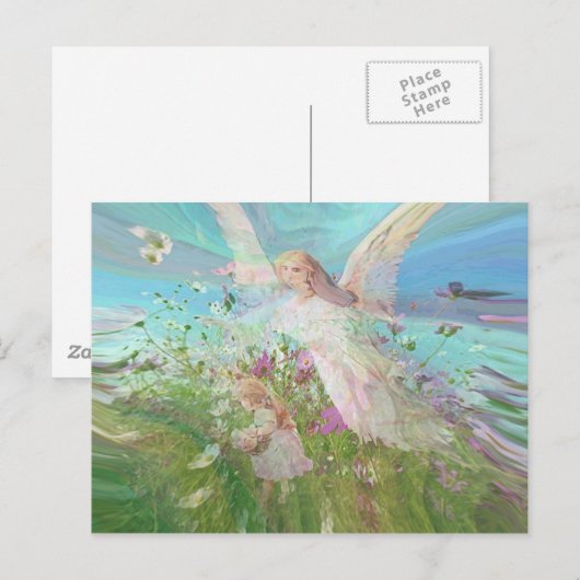 Kind verzamelt bloemen in een veld. briefkaart (Voorkant / Achterkant)