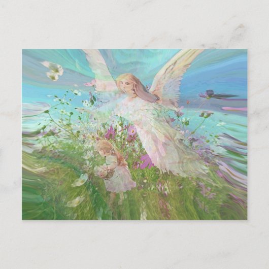 Kind verzamelt bloemen in een veld. briefkaart (Voorkant)