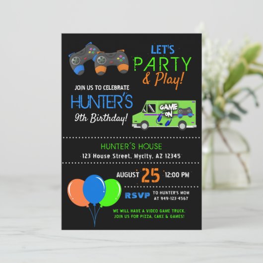 Kind Video Game Truck Birthday Invitation Kaart (Staand voorkant)