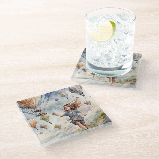 kind vliegende vliegers glazen onderzetter (Schuin)