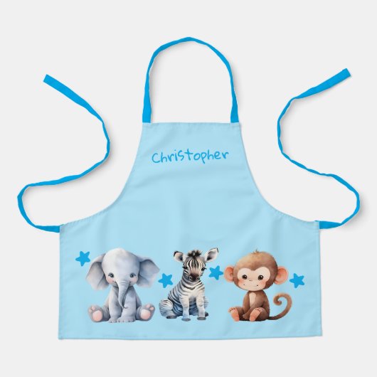 Kind voegt naam toe aan leuke dieren sterren blauw schort (Voorkant)