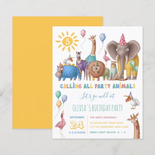 Kind Wild Party Animal Safari Birthday Uitnodiging (Voorkant / Achterkant)