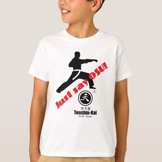 Kind "Zeg gewoon Osu Tenshin" Kai Karate T-Shirt (Voorkant)