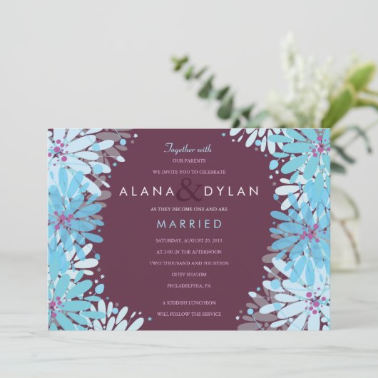 KINDA BLAUWE BLOEMEN Joodse bruiloft uitnodiging (Staand voorkant)