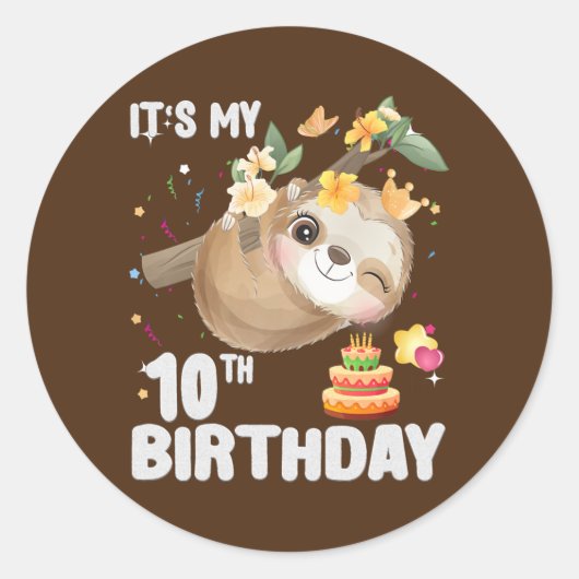 Kinder 10e verjaardag Sloth Girl Party Cute Sloth Ronde Sticker (Voorkant)