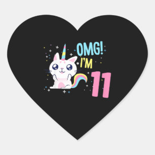 Kinder 11-jarig meisje, geboortedag, Unicorn Cat Hart Sticker
