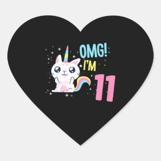 Kinder 11-jarig meisje, geboortedag, Unicorn Cat Hart Sticker