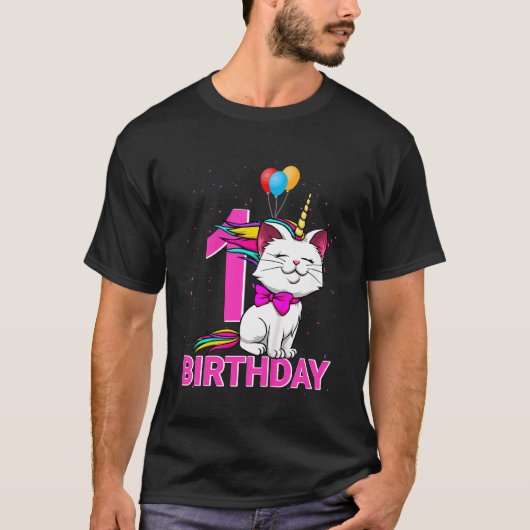 Kinder 1 Verjaardags Meisje Caticorn Leuke Kat Lie T-shirt (Voorkant)