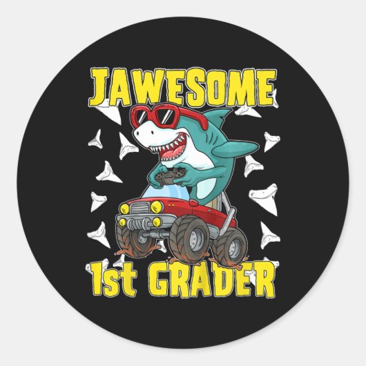 Kinder 1e klas Monster Truck Dinosaur Megalodon Sh Ronde Sticker (Voorkant)