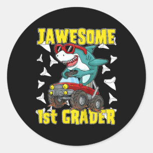Kinder 1e klas Monster Truck Dinosaur Megalodon Sh Ronde Sticker