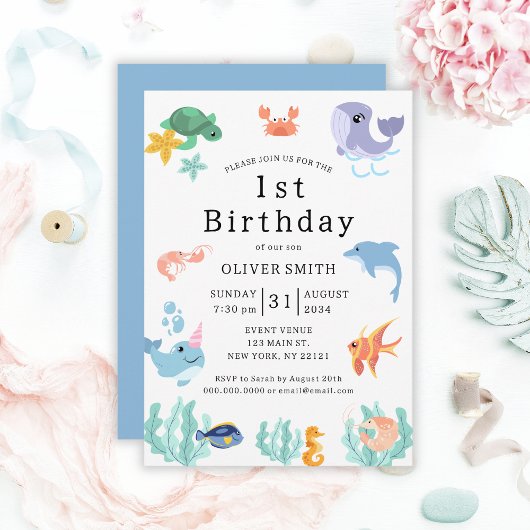 Kinder 1e Verjaardag Partij Zee Dieren Kaart