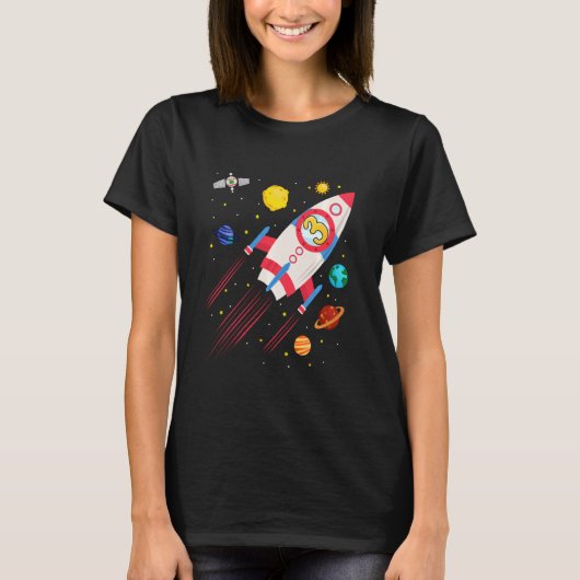 Kinder 3 jaar oude ruimteschip Rocket Birthday Ast T-shirt (Voorkant)