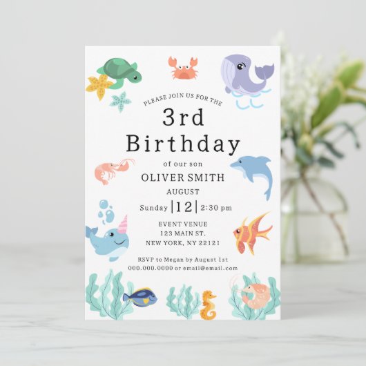 Kinder 3e verjaardagsfeest Zee Animals Invitation Kaart (Staand voorkant)