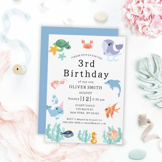 Kinder 3e verjaardagsfeest Zee Animals Invitation Kaart