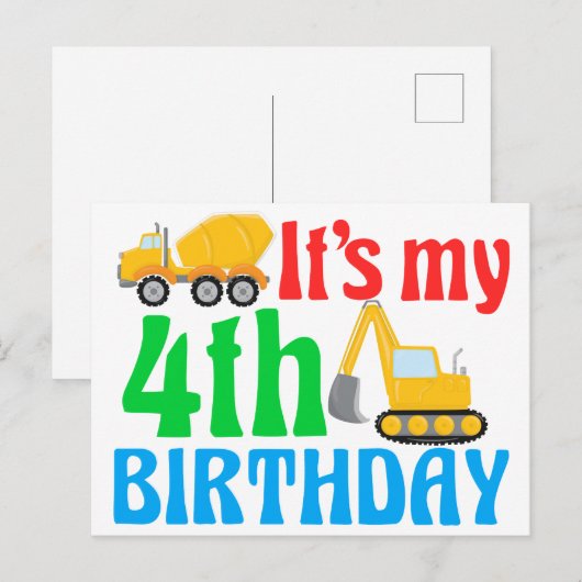 Kinder 4e verjaardag Jongen Bouwvoertuig Briefkaart (Voorkant / Achterkant)