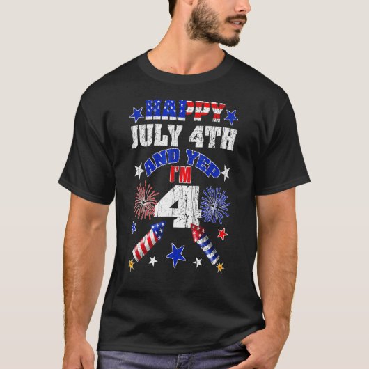 Kinder 4e Verjaardag Vierde van Juli Feest Happy 4 T-shirt (Voorkant)