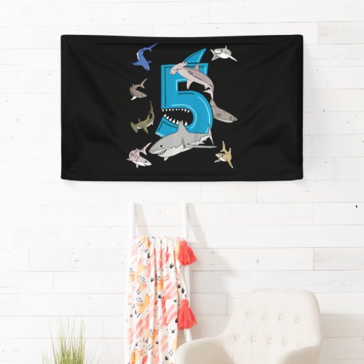 Kinder 5e verjaardag Boys Shark White Shark Spandoek (Insitu)