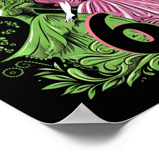 Kinder 6e verjaardag heks roze en groen 6 jaar oud poster (Hoek)