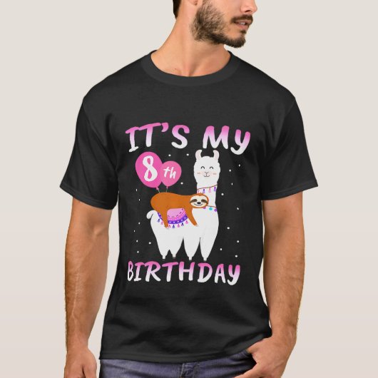 Kinder 8 jaar oud 8e verjaardag Llama Sloth T-shirt (Voorkant)