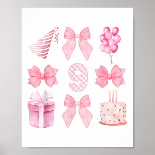 Kinder 9e Coquette Verjaardagsfeest Negen jaar oud Poster (Voorkant)