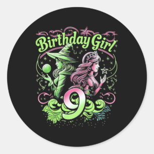 Kinder 9e verjaardag heks roze en groen 9 jaar oud ronde sticker