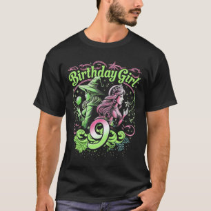 Kinder 9e verjaardag heks roze en groen 9 jaar oud t-shirt