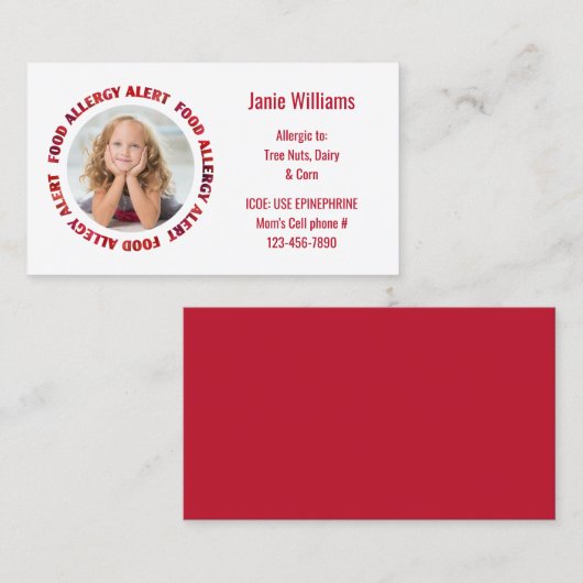 Kinder Aangepast fotovoedingsalarm voor allergie Contactkaartje (Voorkant / Achterkant)