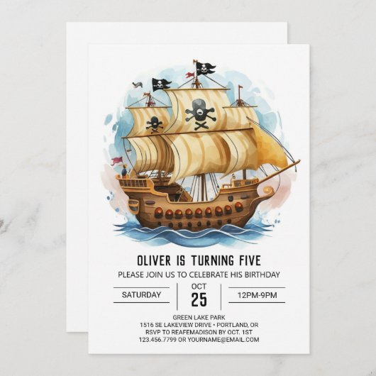 Kinder aangepaste boot piraat verjaardag kaart (Voorkant / Achterkant)