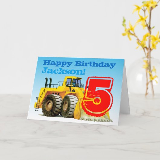 Kinder Aangepaste Bouw Digger 5e Verjaardag Kaart (Gele Bloem)