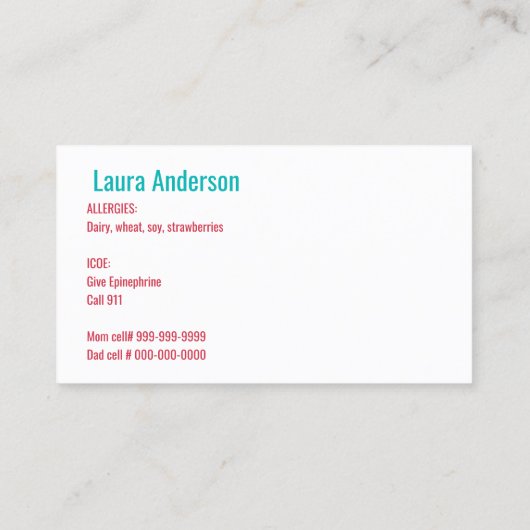 Kinder Aangepaste Foto-Voedselallergie Medische wa Contactkaartje (Achterkant)