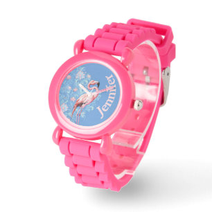 Kinder aangepaste naam Pink Flamingo Horloge