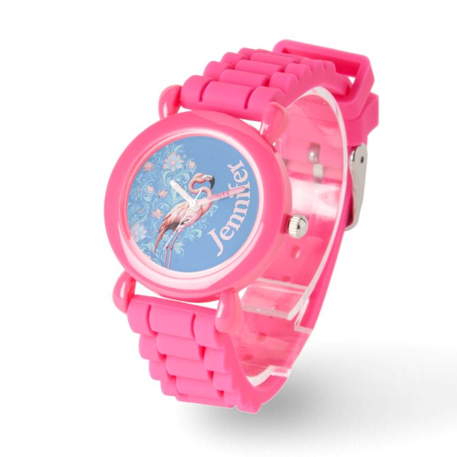 Kinder aangepaste naam Pink Flamingo Horloge (Hoek)