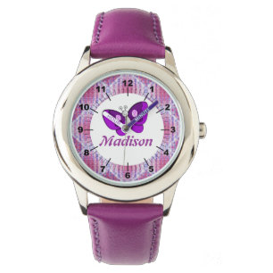 Kinder aangepaste naam Roze Paarse geruite vlinder Horloge