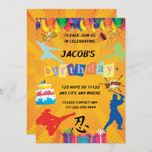 Kinder aangepaste ninja verjaardagsfeestuitnodigin kaart (Voorkant / Achterkant)