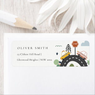 Kinder adres van Cute City Urban Vehicle Cars Road Etiket