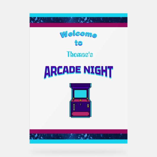 Kinder Arcade Night Birthday Party Welkomstbord Acryl Bord (Voorkant)