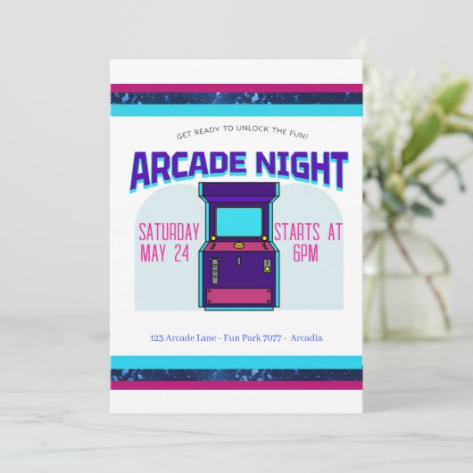 Kinder Arcade Night verjaardagsfeest uitnodiging (Staand voorkant)