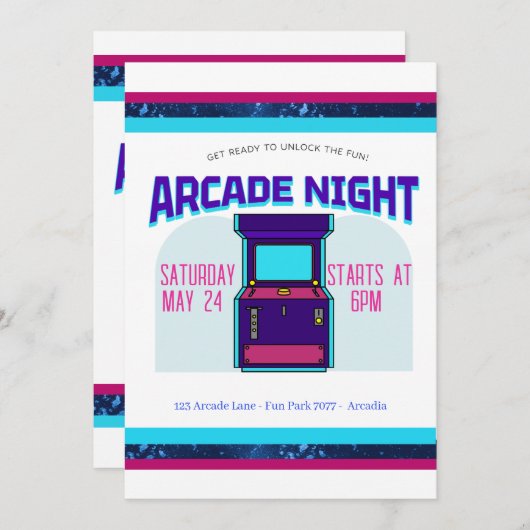 Kinder Arcade Night verjaardagsfeest uitnodiging (Voorkant / Achterkant)