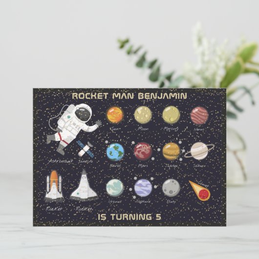 Kinder Astronaut Solar System Monogram 5e verjaard Kaart (Staand voorkant)