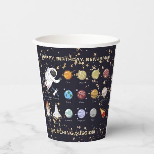 Kinder Astronaut Solar System Monogram Glitter Sta Papieren Bekers (Voorkant)
