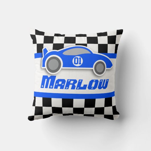 Kinder auto blauw gecontroleerd vlagnaamkussen kussen (Achterkant)