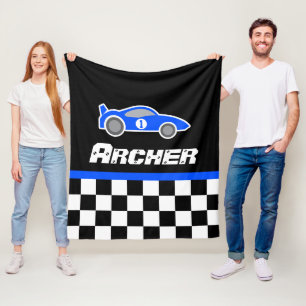 Kinder auto blauw geruite vlag naam deken