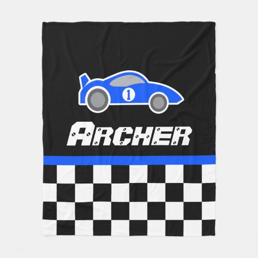 Kinder auto blauw geruite vlag naam deken (Voorkant)