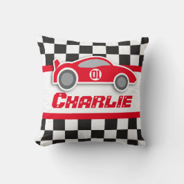 Kinder auto met felrood gecheckte vlaggennaam kuss kussen