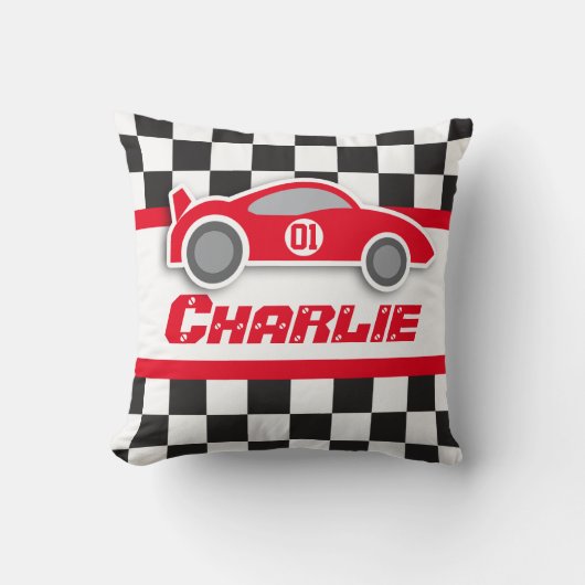 Kinder auto met felrood gecheckte vlaggennaam kuss kussen (Voorkant)