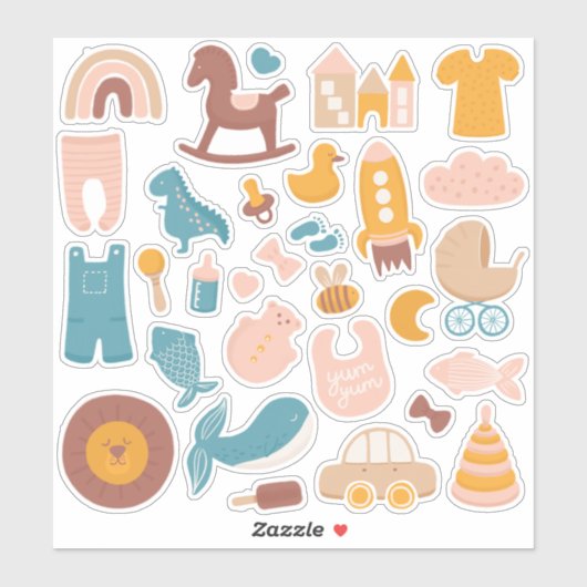 Kinder babydieren en speelgoed. Funny nursery Sticker (Vel)