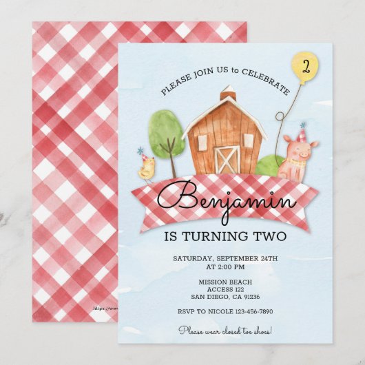 Kinder Barnyard Verjaardag Uitnodiging (Voorkant / Achterkant)