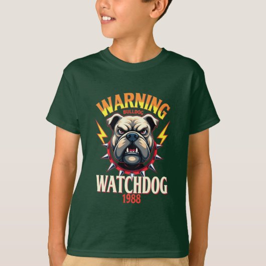 Kinder basic T-shirt met Warende Bulldog Watchdog (Voorkant)
