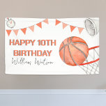 Kinder Basketball Waterverf Birthday Party Spandoek<br><div class="desc">Ben je van plan een verjaardagsfeestje te organiseren voor je basketballiefhebbende kind? Haal je gasten enthousiast over dit basketbal spandoek van Party Swirl! Dit opvallende ontwerp is voorzien van een klassieke witte achtergrond met een waterverf oranje basketbal, basketbalhoepel, bunting en een megafoon. Pas de doopvontstijlen, de grootte, en de kleuren...</div>