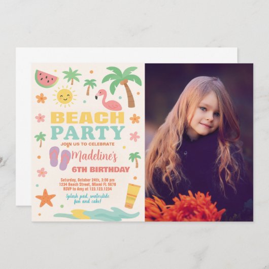 Kinder Beach Bash Verjaardag Uitnodiging & Decor (Voorkant / Achterkant)